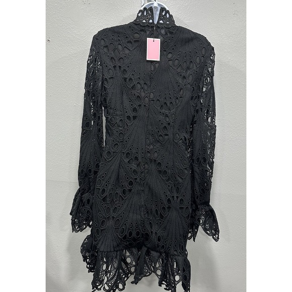 PrettyLittleThing Midi Dress Womens 8 Black Eyelet Crochet Zip Long Sleeves NWT - Picture 7 of 16